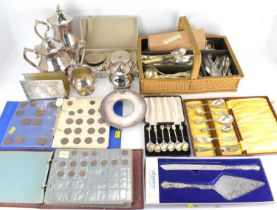 A collection of silver plated items, to include a four-piece tea set, letter rack, cased and loose