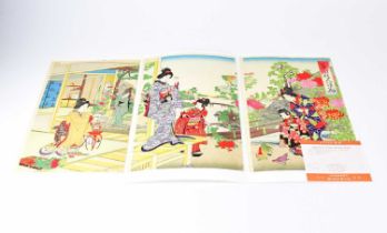 A contemporary three-panelled woodblock print 'Kikuzono Kajin Ikebana' by Nobukazu, depicting
