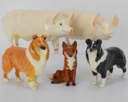 BESWICK; five collectors' figures comprising a seated fox, two collie dogs, one brown and white, the