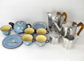 PICQUOT WARE; a four-piece tea set comprising teapot, coffee pot, milk jug and sugar bowl,