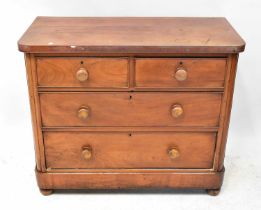 A Victorian mahogany chest of two short over three long graduated drawers, on bun feet, 89 x 107 x