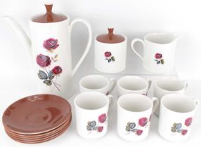 MYOTT'S; a 1960s fifteen-piece coffee set decorated with garden roses in brown and white, comprising