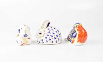 ROYAL CROWN DERBY; three Imari paperweights, comprising one of a harvest mouse, one of a robin, both