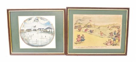 Two coloured cricket-themed prints, one titled 'The Grand Jubilee Match Played Monday July 10th 1837