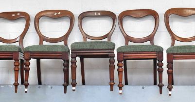 Five Victorian mahogany balloon back chairs with green velour upholstered drop-in seats (5).