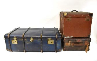 THE NATIONAL; a leather-bound canvas dome-topped travel trunk, painted with initials 'FMC', and