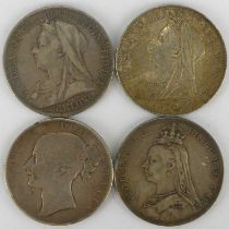 Four Victorian silver crowns, comprising 1845 young head, 1889 Jubilee head and 1893 and 1897 old