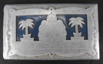 An RAF fabricated aluminium cigarette case, the front with RAF logo within picture frame mount, with