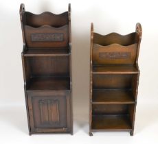 A mid-20th century oak bookcase with magazine rack top and single cupboard base with linenfold