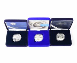 Three silver proof coins issued by Royal Mint, Princess Diana £5 Memorial Coin, 1999, The Queen