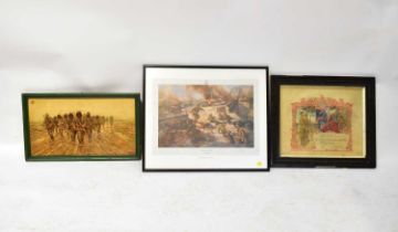 Two military prints, one depicting soldiers walking back from battlefield, 29 x 52cm, framed, and '