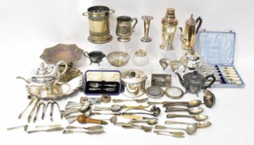 A collection of silver plated items to include three footed tray, cocktail shaker, lidded butter