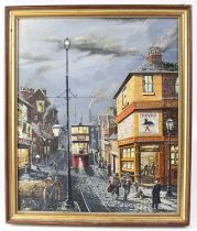 † D. J. KEWLEY; oil on canvas, 'Below St Dingle', street scene with corner pub and tram, signed