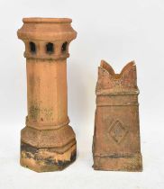 Two terracotta chimney stacks, the larger of octagonal form, height 99cm, the smaller in square