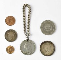 A small collection of British coinage to include a medal commemorating Queen Victoria's 60th year as