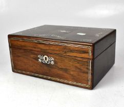 A Victorian rosewood and mother of pearl workbox, the interior recovered in a grey velour fabric, 12