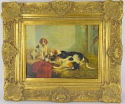 R. H. STEVEMAN; oil on canvas, scene depicting three hounds resting on straw and red hunting jacket,
