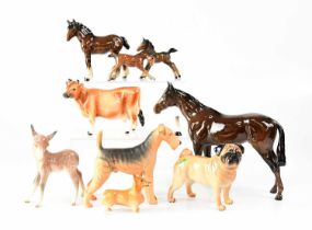 BESWICK; four models of horses, together with a Beswick Jersey cow, a corgi, a pug, a donkey foal