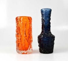 A Whitefriars bark vase in orange, height 19cm, together with a Ruda Glasbruk textured vase in