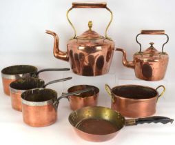 Various items of 19th century and later copper kitchenware, to include two copper and brass kettles,