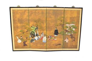 An early 20th century Chinese three-fold, four-panel low screen, decorated with figures in a