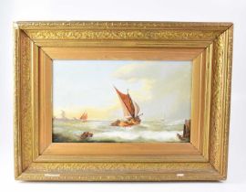 E.K.R; oil on canvas, Dutch fishing boat on choppy waters with windmill visible beyond, initialled