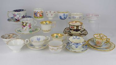 A mixed collection of 19th century teaware, to include a moustache cup and saucer with coloured