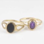 Two 9ct gold dress rings, one with bezel set cut amethyst, the other with oval black onyx, both with