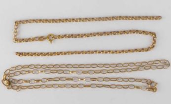 Two 9ct gold necklaces, one with dainty belcher link, length including ring clasp 44cm, the other
