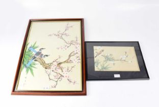 Two early 20th century Chinese watercolours on silk of birds amongst foliage, larger 58 x 40cm,