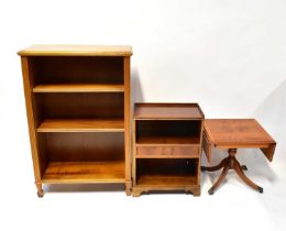 A reproduction bookcase, 111 x 75 x 36cm, a small side cabinet and a drop-leaf top coffee table on