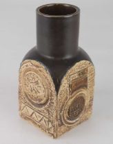 LOUISE JINKS FOR TROIKA POTTERY; a small spice jar with four square panels, domed top under brown