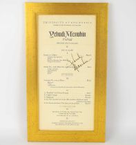 YEHUDI MENUHIN; a signed Order of Service of a concert at the University of California, Monday