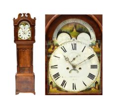 JOHN JONES, MOLD; a 19th century mahogany cased eight-day longcase clock, the painted dial with moon