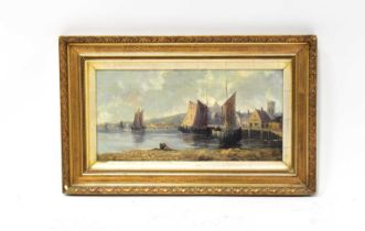 UNATTRIBUTED; 19th century oil on canvas, Dutch harbour scene with town beyond, 29.5 x 59.5cm,