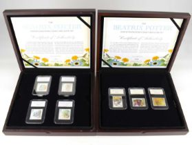ROYAL MAIL; two 'Beatrix Potter United Kingdom Stamp and Coin Sets', each with the upper layer of