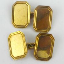 A pair of 9ct gold vintage cufflinks, rectangle with chamfered edge and lined border, united with