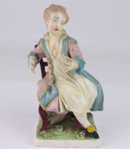 DERBY; an 18th century porcelain figure depicting a boy with coat, sat on a chair, height 14.5cm, on