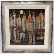 ROZANNE BELL (South African, born 1962); mixed media on board, moonlit harbour scene with