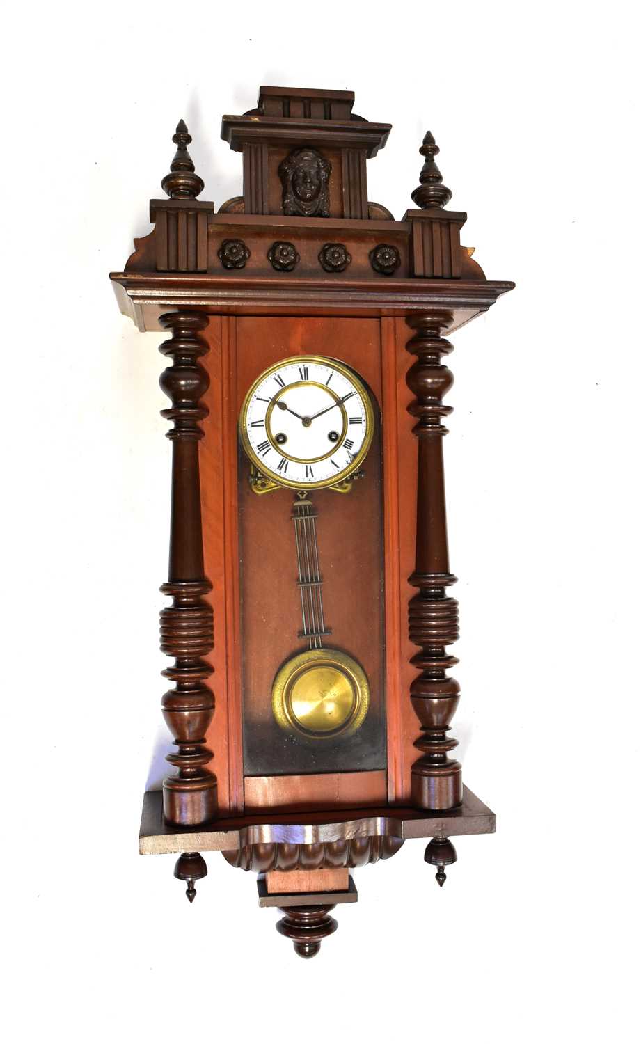 A Vienna mahogany cased wall clock with matched top, the enamelled dial set with Roman numerals, - Image 2 of 2