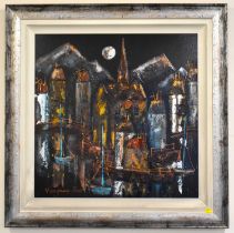 ROZANNE BELL (South African, born 1962); mixed media on board, moonlit harbour scene with houses and