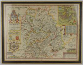 JOHN SPEED; a coloured map of Shropshyre (sic) 'The Situation of Shrowesbury Shewed with the Arms of