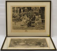 AFTER DENDY SADLER; two black and white etchings, one depicting an elderly couple resting in a