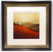 † DAVID RENSHAW (born 1973); oil on board, white house on top of red fielded hill, signed lower