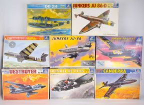 ITALERI; eight scale model aeroplane kits, comprising 'Dornier DO-217K2', 'Junkers JU-86', 'A.S.51