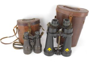 Two pairs of binoculars comprising a pair of WWII Naval binoculars by Barr & Stroud 7X CF 41,