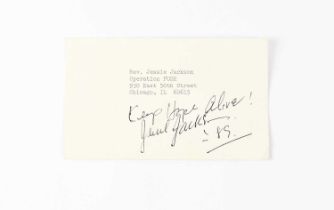 JESSE JACKSON; a business card/postcard, signed and dedicated 'Keep hope alive! Jesse Jackson '89,