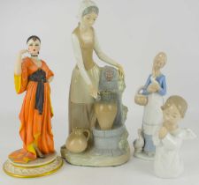 Four collectible porcelain figures, comprising a Spanish high glaze figure of a lady with amphora by