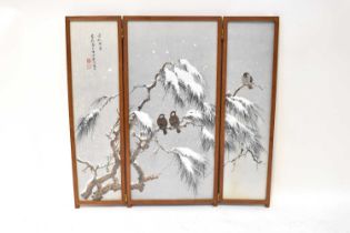 A 20th century Japanese triptych, Winter scene with birds perched on a branch, signed with red