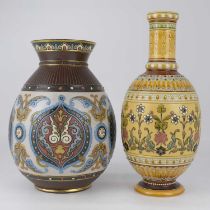 METTLACH; two late 19th century German art pottery vases, one with brown tones, enamelled jewels and